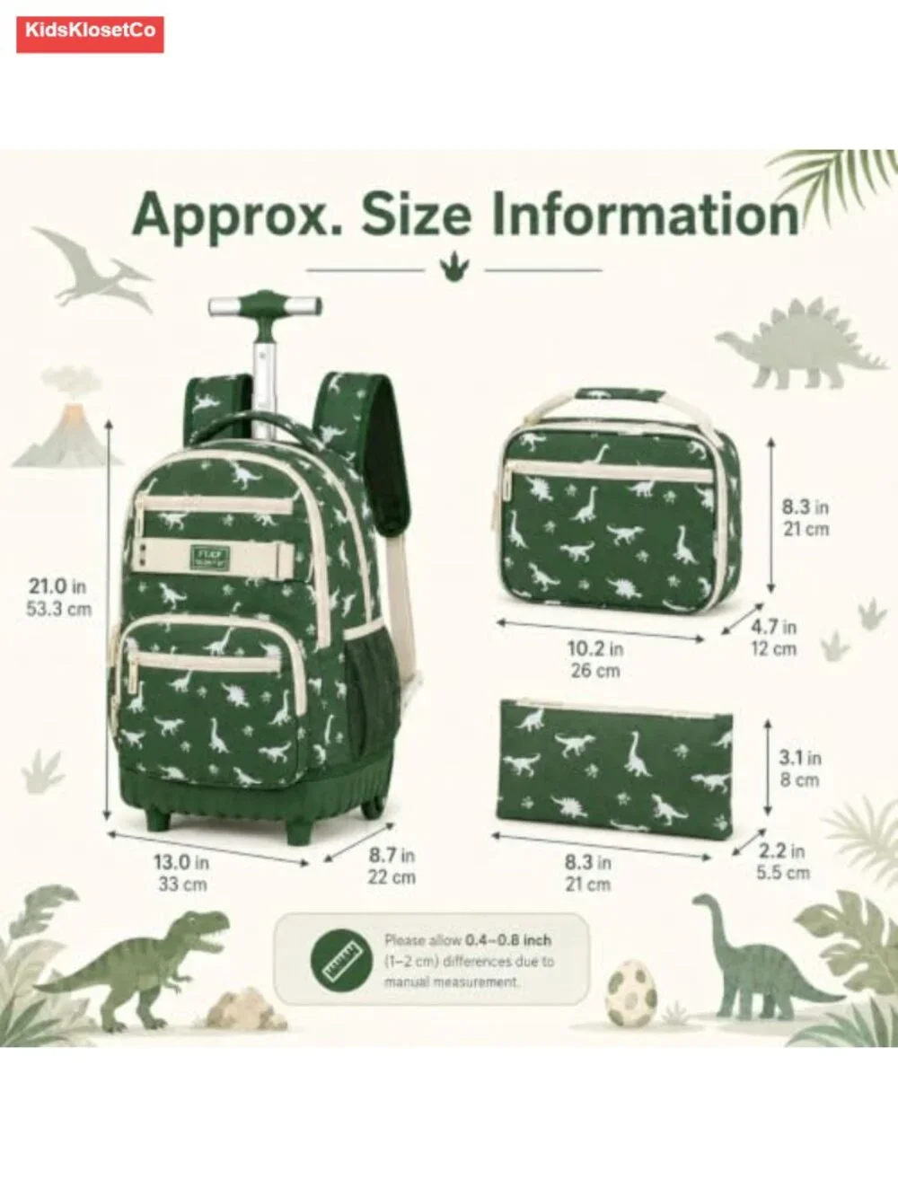3-Piece Rolling Backpack Boys Kids with Wheels 19 Inch Dinosaur Travel Bookbag